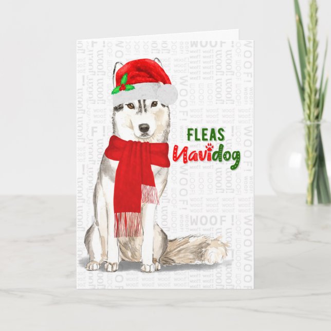 Siberian Huskey Christmas Dog Fleas NaviDOG Holiday Card (Front)