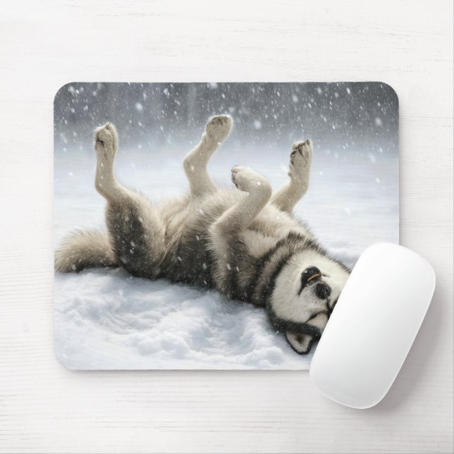 Siberian Huskey Making a Snow Angel Mouse Mat (With Mouse)