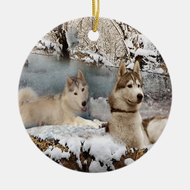 Siberian Huskies Snow Scene Ornament (Front)