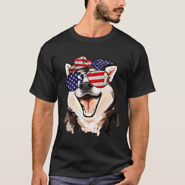 Siberian Husky American Flag Sunglasses July 4th T-Shirt (Front)