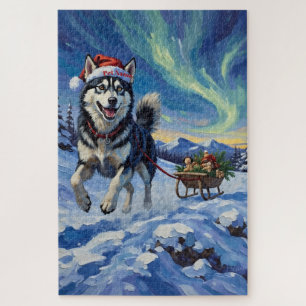 Siberian Husky Arctic Sled Run Christmas Hat Jigsaw Puzzle