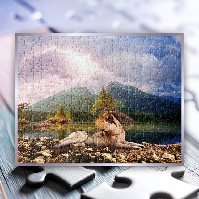Siberian Husky at Lake Shore in stormy Fall Day - Jigsaw Puzzle (Creator Uploaded)