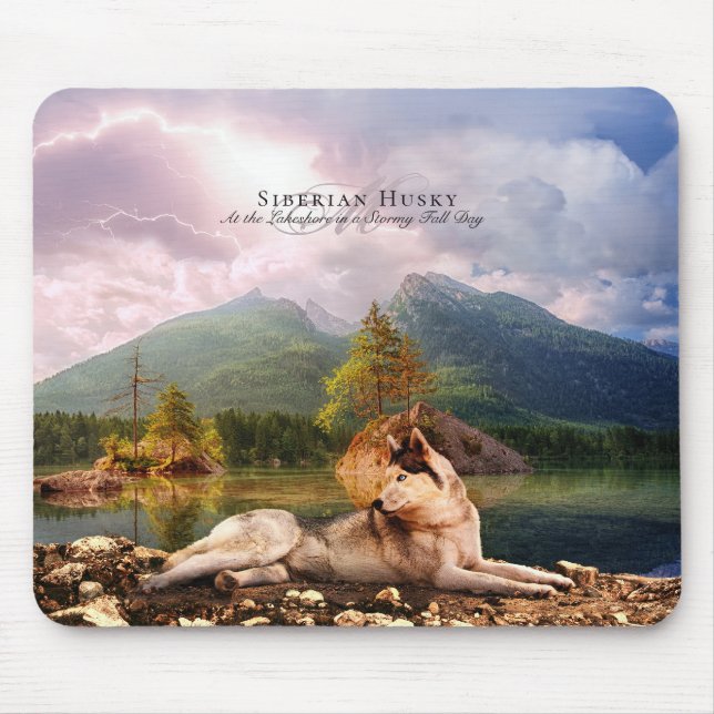Siberian Husky at Lakeshore in Fall - Personalised Mouse Mat (Front)