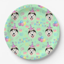 Siberian Husky Birthday Party Paper Plates Green