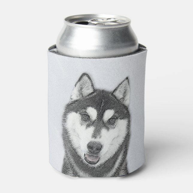 Siberian Husky (Black and White) Painting Dog Art Can Cooler (Can Front)