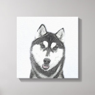 Siberian Husky (Black and White) Painting Dog Art Canvas Print