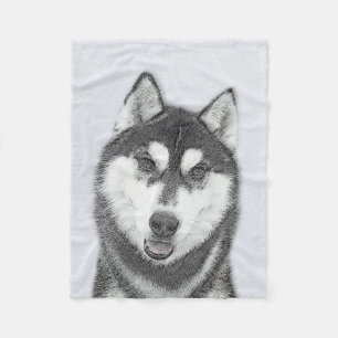 Siberian Husky (Black and White) Painting Dog Art Fleece Blanket