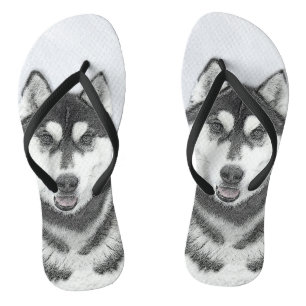 Siberian Husky (Black and White) Painting Dog Art Flip Flops