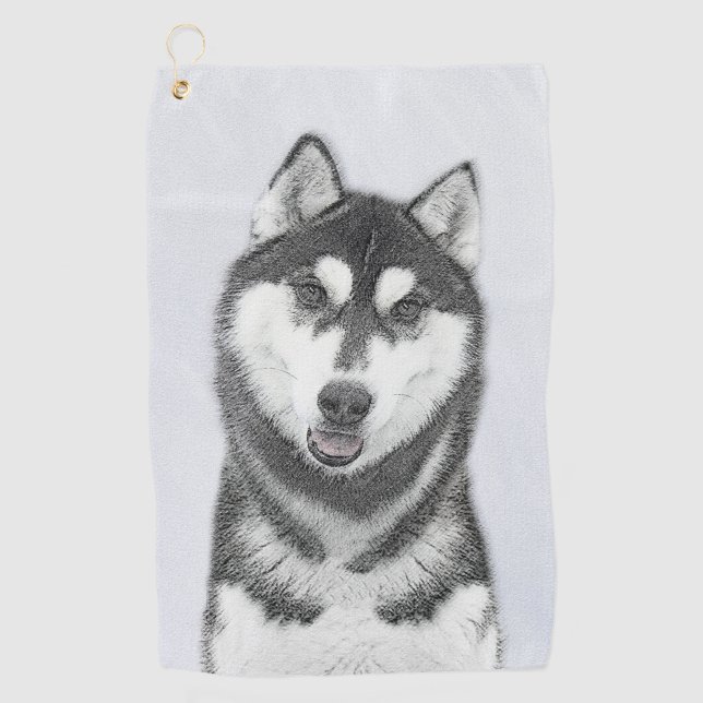 Siberian Husky (Black and White) Painting Dog Art Golf Towel (Front)