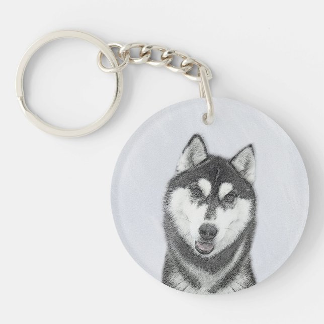 Siberian Husky (Black and White) Painting Dog Art Key Ring (Front)