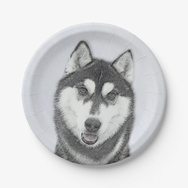 Siberian Husky (Black and White) Painting Dog Art Paper Plate (Front)