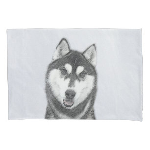 Siberian Husky (Black and White) Painting Dog Art Pillowcase