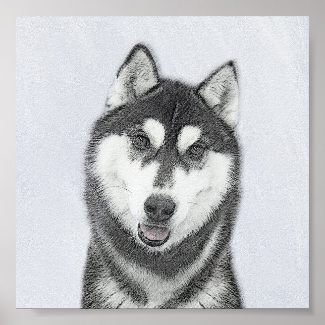Siberian Husky (Black and White) Painting Dog Art Poster (Front)