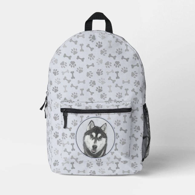 Siberian Husky (Black and White) Painting Dog Art Printed Backpack (Front)