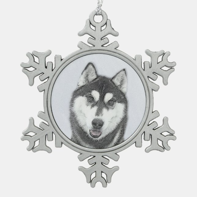 Siberian Husky (Black and White) Painting Dog Art Snowflake Pewter Christmas Ornament (Front)