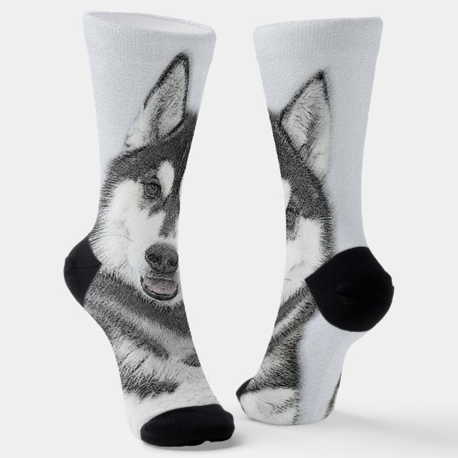 Siberian Husky (Black and White) Painting Dog Art Socks (Angled)