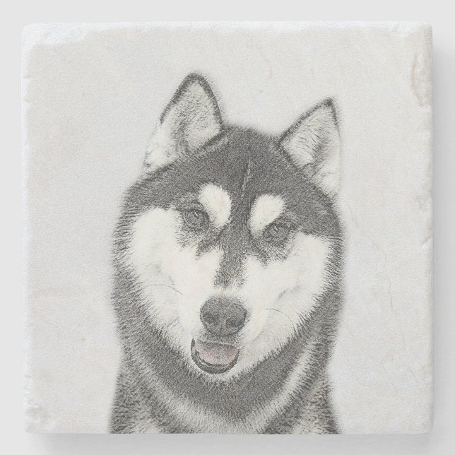 Siberian Husky (Black and White) Painting Dog Art Stone Coaster (Front)