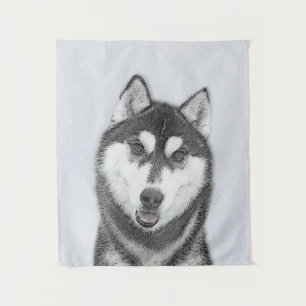 Siberian Husky (Black and White) Painting Dog Art Tapestry