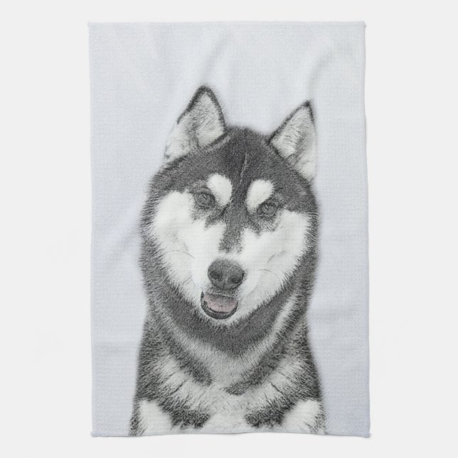 Siberian Husky (Black and White) Painting Dog Art Tea Towel (Vertical)