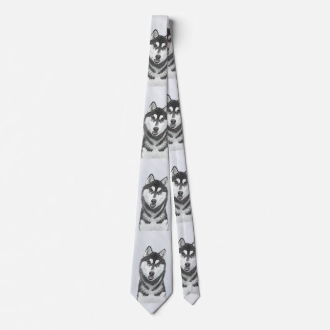 Siberian Husky (Black and White) Painting Dog Art Tie (Front)