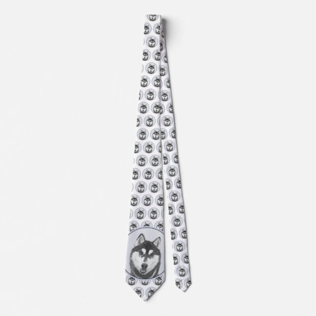 Siberian Husky (Black and White) Painting Dog Art Tie (Front)
