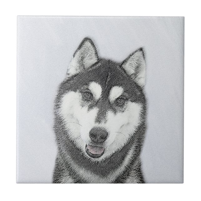 Siberian Husky (Black and White) Painting Dog Art Tile (Front)