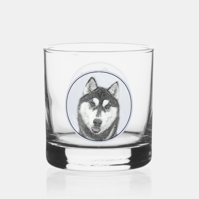 Siberian Husky (Black and White) Painting Dog Art Whiskey Glass (Front)