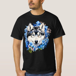 Siberian Husky Blue Floral Watercolor Portrait T-Shirt