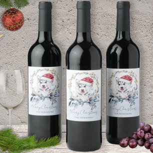 Siberian Husky Blue Gold Wreath Christmas Party Wine Label