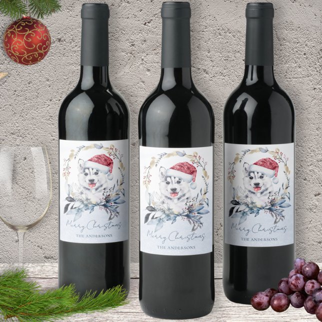 Siberian Husky Blue Gold Wreath Christmas Party Wine Label (Creator Uploaded)