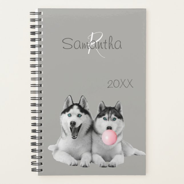 Siberian Husky Bubble Gum Dog Animal Monogram Planner (Front)