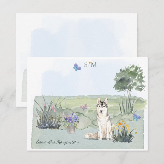 Siberian Husky Butterfly Meadow Monogram & Name   Card (Front/Back)