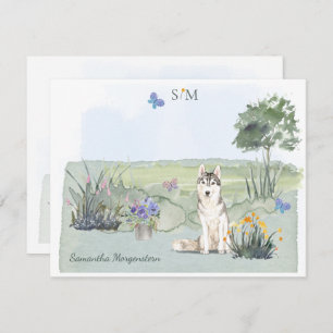 Siberian Husky Butterfly Meadow Monogram & Name   Card