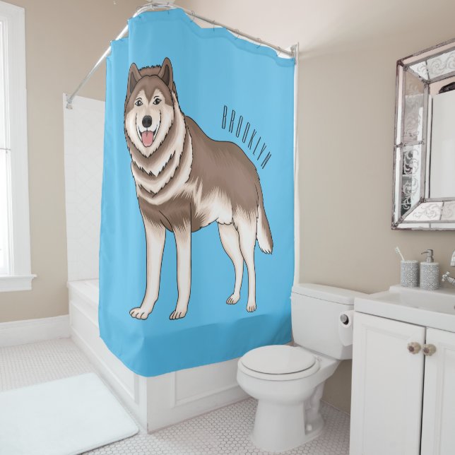 Siberian husky cartoon illustration shower curtain (In Situ)