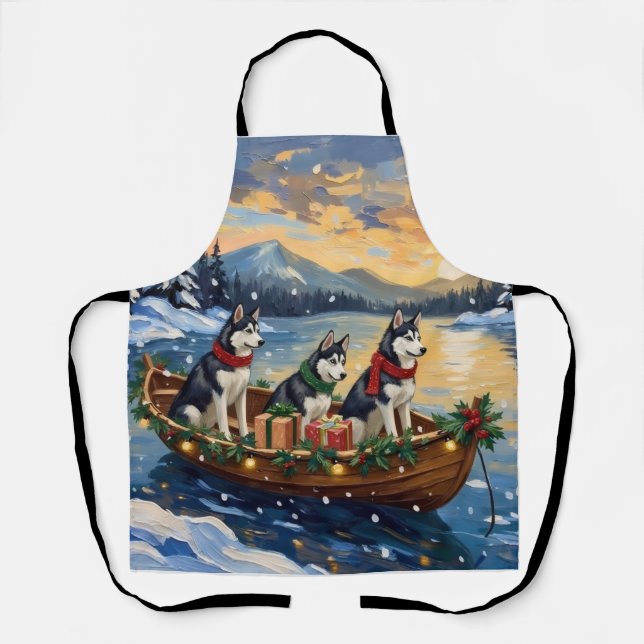Siberian Husky Christmas Boat Holiday Apron (Front)
