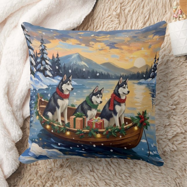 Siberian Husky Christmas Boat Holiday Cushion (Blanket)