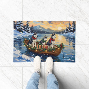Siberian Husky Christmas Boat Holiday Doormat