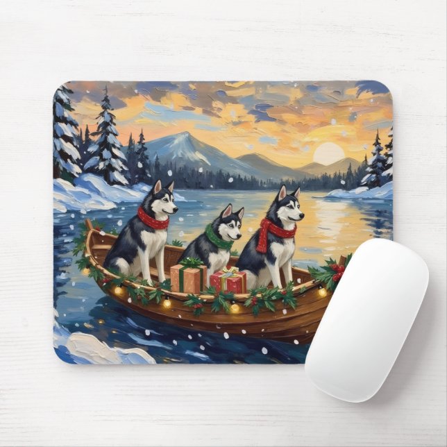 Siberian Husky Christmas Boat Holiday Mouse Mat (With Mouse)