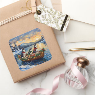 Siberian Husky Christmas Boat Holiday Square Sticker