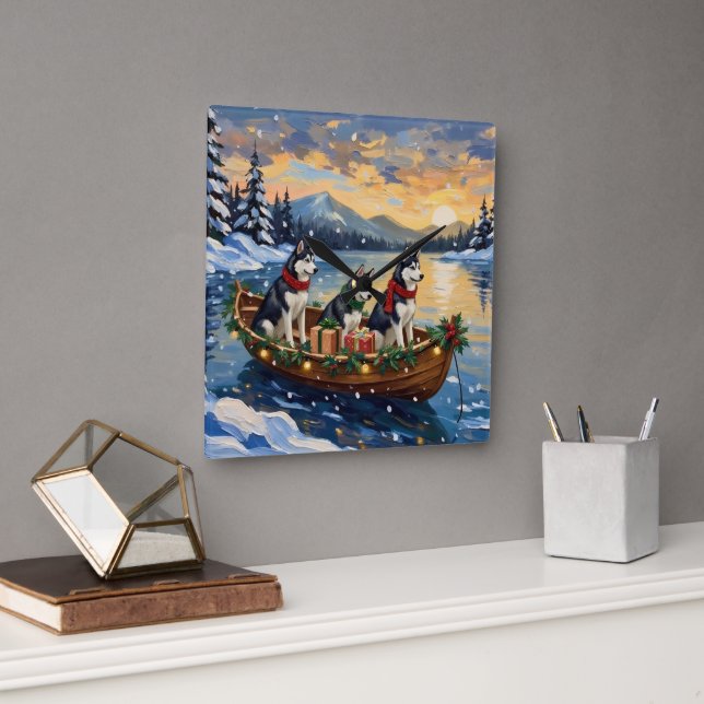 Siberian Husky Christmas Boat Holiday Square Wall Clock (Office)