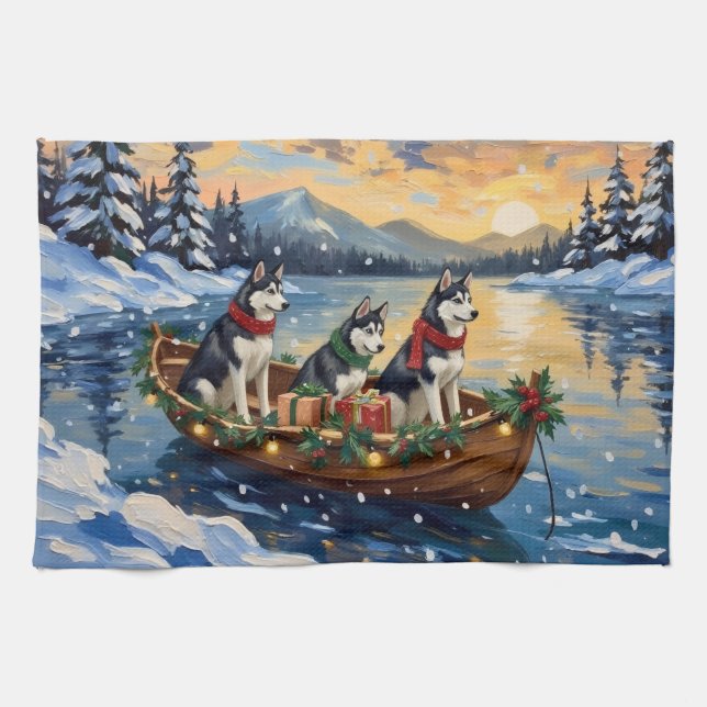 Siberian Husky Christmas Boat Holiday Tea Towel (Horizontal)
