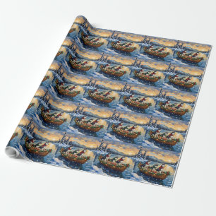 Siberian Husky Christmas Boat Holiday Wrapping Paper