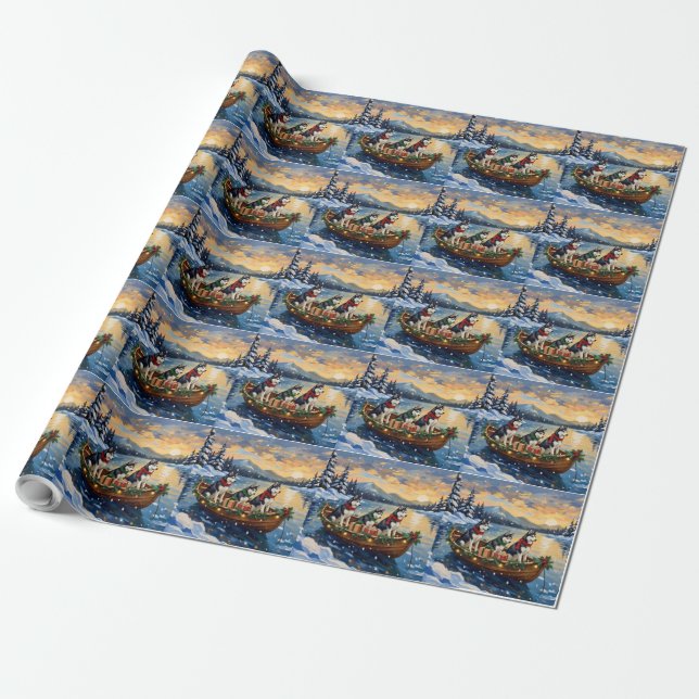 Siberian Husky Christmas Boat Holiday Wrapping Paper (Unrolled)