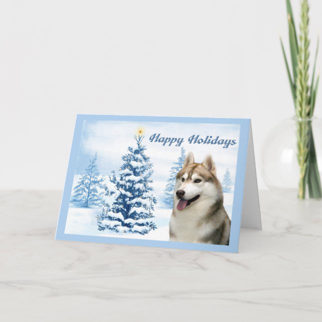 Siberian Husky Christmas Card Blue Tree (Front)