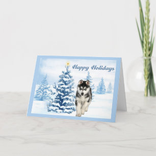 Siberian Husky Christmas Card Blue Tree