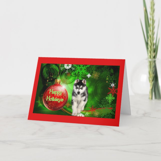 Siberian Husky Christmas Card Red Ball Green (Front)