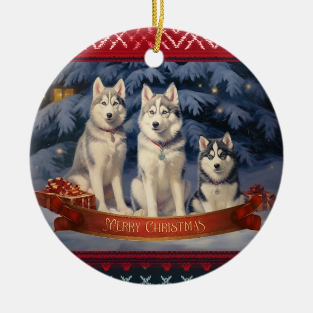 Siberian Husky Christmas Ceramic Tree Decoration (Front)