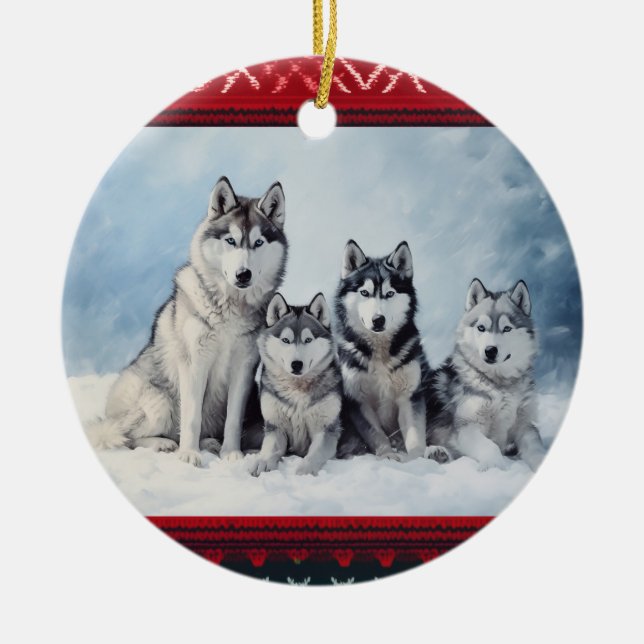 Siberian Husky Christmas  Ceramic Tree Decoration (Front)