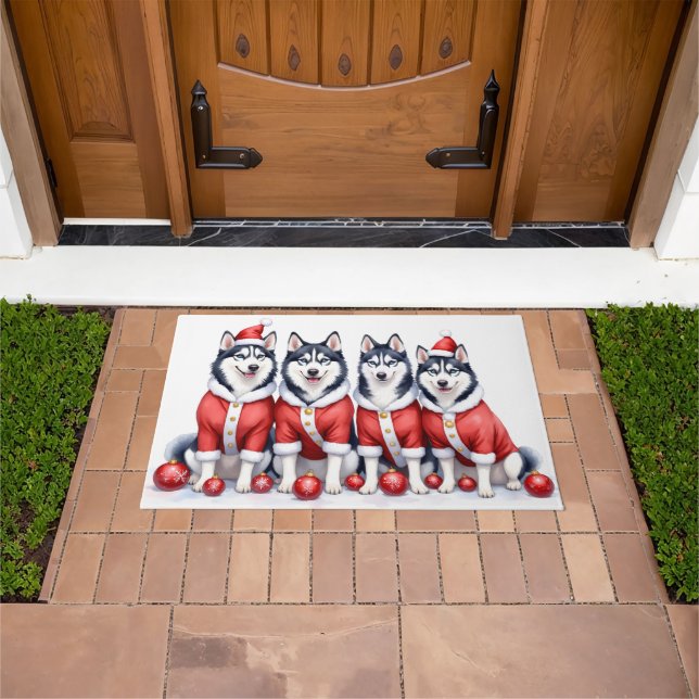 Siberian Husky Christmas Dress Santa Hat Doormat (Outdoor)