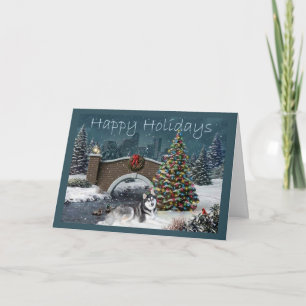 Siberian Husky Christmas Evening Holiday Card